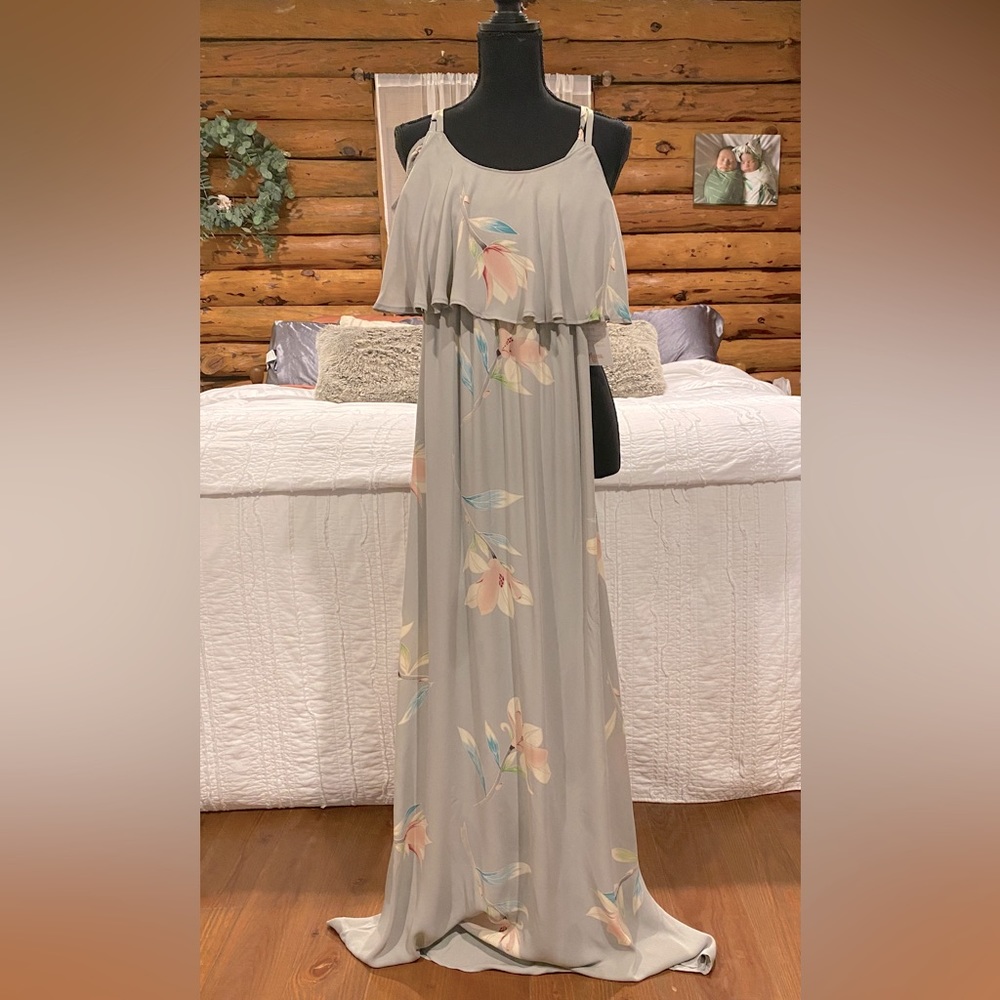 NWT Caitlin Ruffle Maxi Show Me Your MuMu Dress, Lily Showers, Gray Floral XS